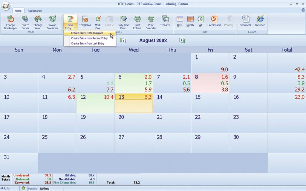 DTE Axiom s updated connectivity paradigm keeps all user interactions inside the application on the client, and an indicator on the toolbar and at the bottom of the calendar window shows the status