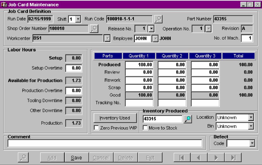 JOB CARD MAINTENANCE SCREEN Note ~ The Available for Production is automatically defined and grayed out.
