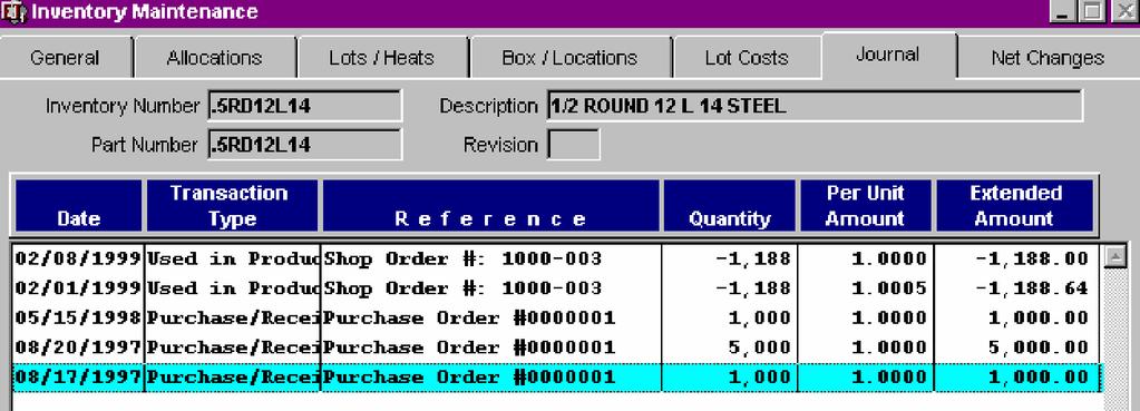 INVENTORY MAINTENANCE JOURNAL ENTRY SCREEN Journal Entry 02/08/99 Used in Production reflects pounds used based on the 99 Pieces (Bars) used
