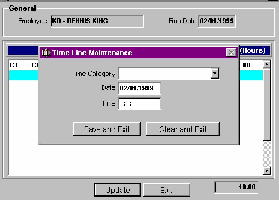 This will activate the Time Line Maintenance Screen to add a Clock Out Line item.