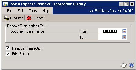 Concur Expense Remove Transaction History Use the Concur Expense Remove Transaction History window to remove historical expense report transactions.