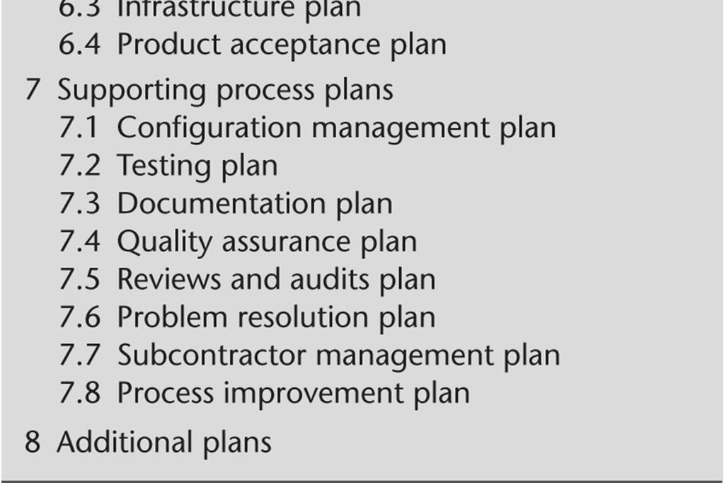 are sections for requirements control and risk management Software Project Management Plan Framework (contd)