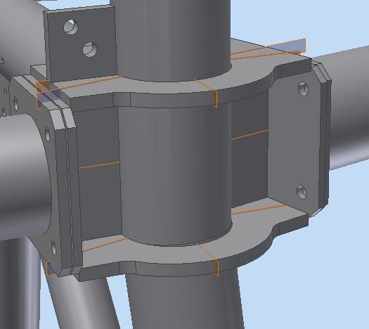 This will ensure that all the web and flange plates are fully welded in order to achieve full strength. Figure 5.18: Tubular test tower lower cross arm - hamper connection. Figure 5.19: Lower cross arm - hamper connection from 3D CAD model.