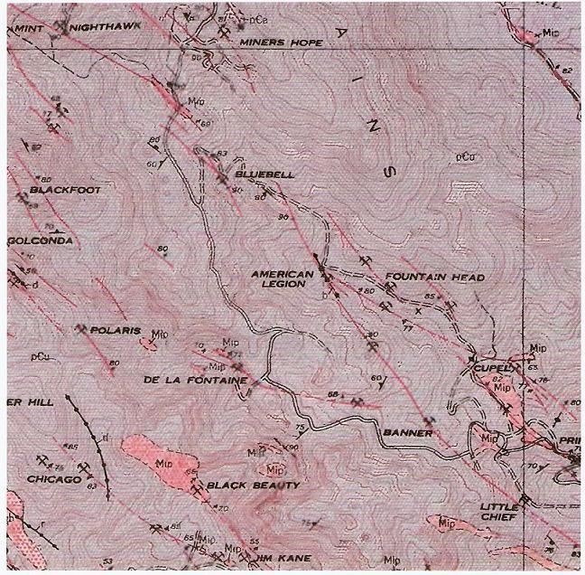Veins along ARS claims as determined by the 1951