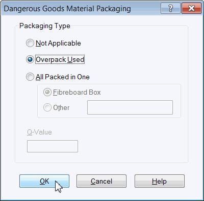 Dangerous Goods Shipment Processing 9. The Dangerous Goods Material Packaging window displays.