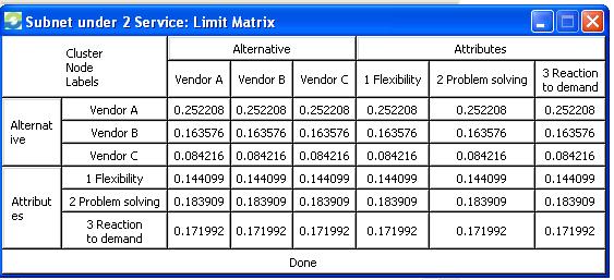 Agarwal and Vijayvargy 11513 Figure 6. Limiting super matrix for subnet business criteria. Figure 7. Limit matrix at goal level.