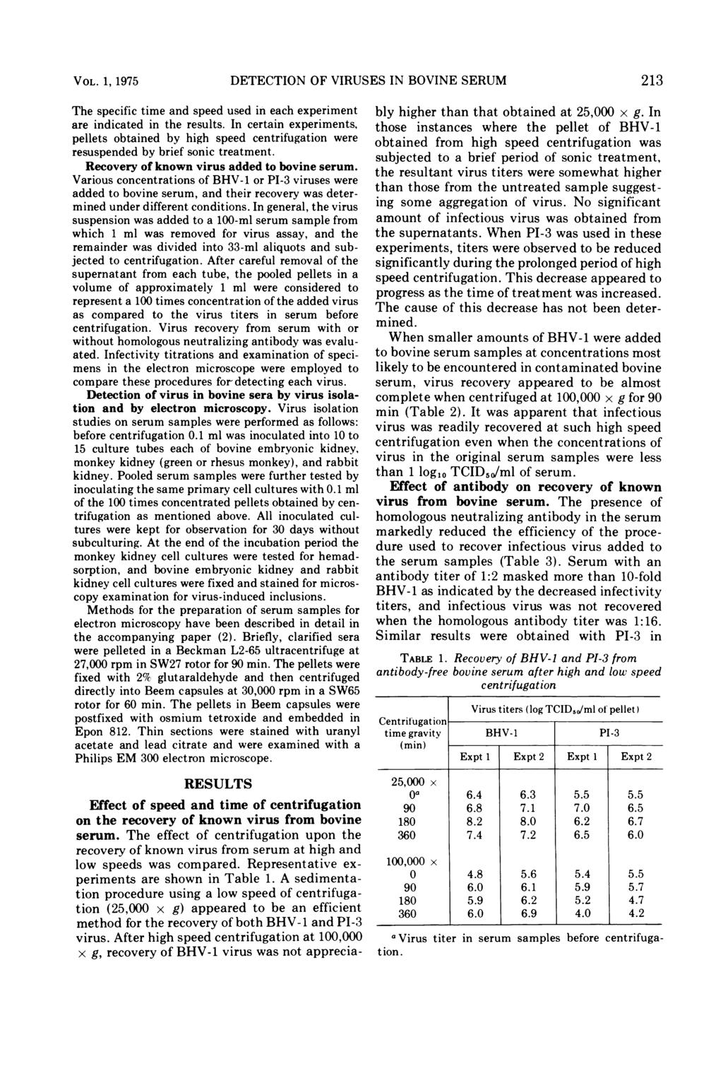VOL. 1, 1975 DETECTION OF VIRUSES IN BOVINE SERUM 213 The specific time and speed used in each experiment are indicated in the results.