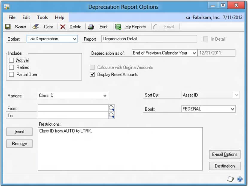 Historical Depreciation Fixed Assets Company Setup and Reset Process The Reset History in Detail checkbox is now available in the Fixed Assets Company Setup window.