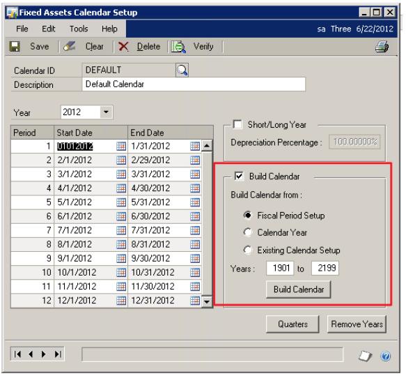Fixed Assets Calendar Setup The Fixed Assets Calendar Setup has been modified to include multiple options for creating your calendar. You also have the ability to: a.