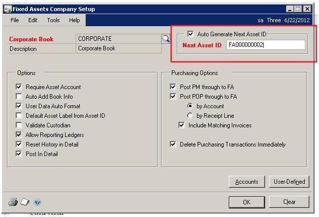 Fixed Asset Intercompany Asset Transfer The Fixed Assets Company Setup is modified to store the Auto Generate Next Asset ID option.