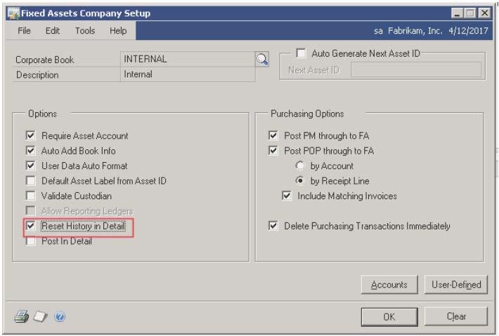 Fixed Assets Company Setup Window The Reset History in Detail
