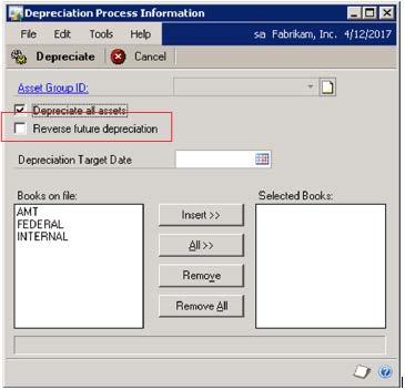 Mass Back Out Depreciation Changes to the Depreciation Process Information Window The Reverse depreciation checkbox has been added in the Depreciation Process Information window.