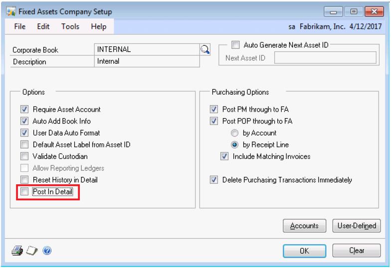 Fixed Assets to GL Posting Process Updates In the Fixed Assets Company Setup window, a new checkbox for Post in Detail was added to the Options group.