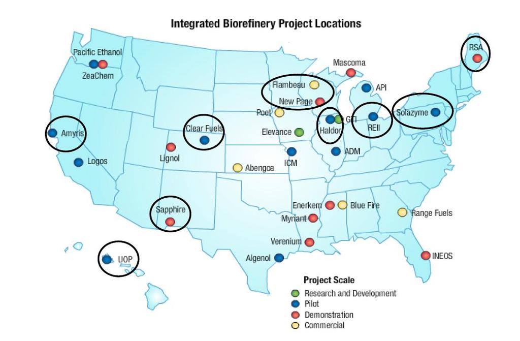Figure 19: DoE Plot of Locations of Integrated Biorefinery Projects Source: U.S. Department of Energy How Does BlueFire Compare?