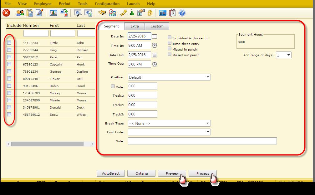 Quick Add Hours Enter segment details and check the box next to each employee the time is to be