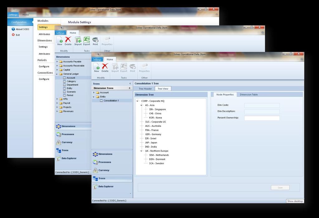 Using company attributes (e.g. specifying a roll-up to divisions and HQ) or trees (see screenshot above), an administrator can set up desired roll-up structures within the BI360 DW interface.