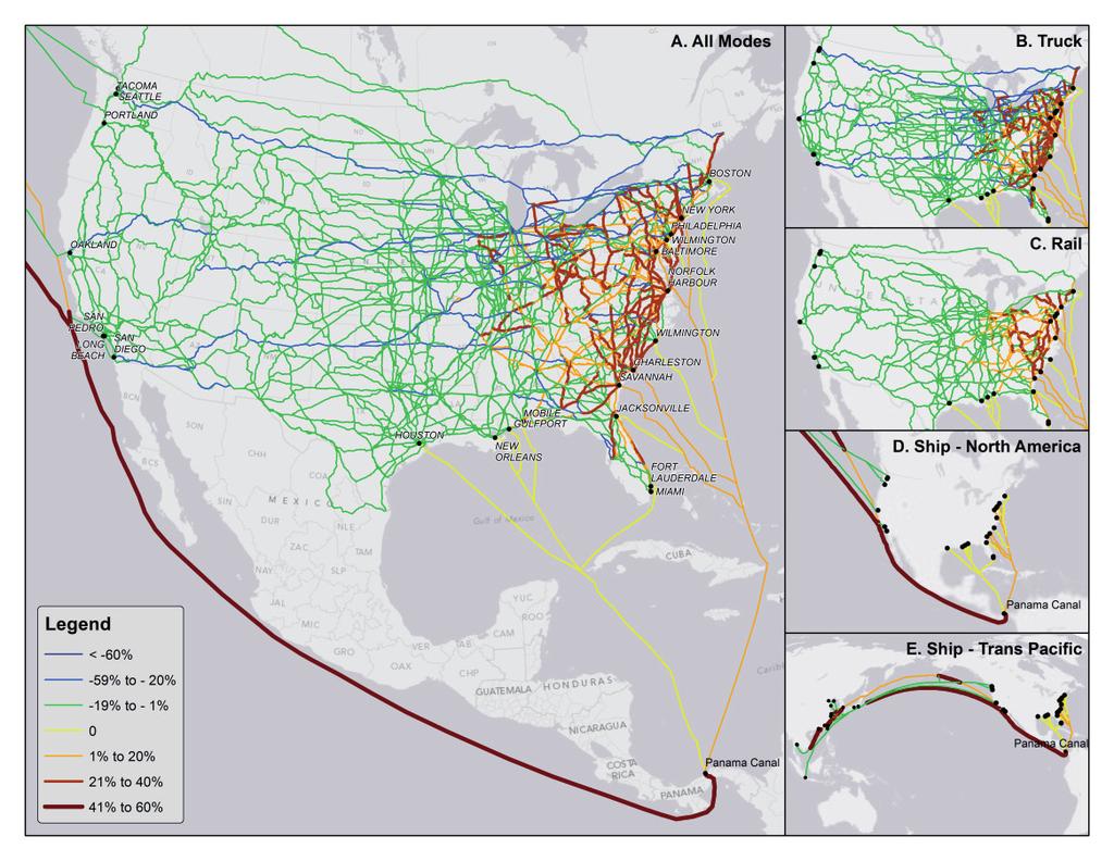 Panama Canal expansion: emission changes from possible US west coast modal shift A All modes B Truck C Rail D Ship North America < -6% -59 to -2% -19 to -1% 1 to 2% 21 to 4% 41 to 6% E Ship