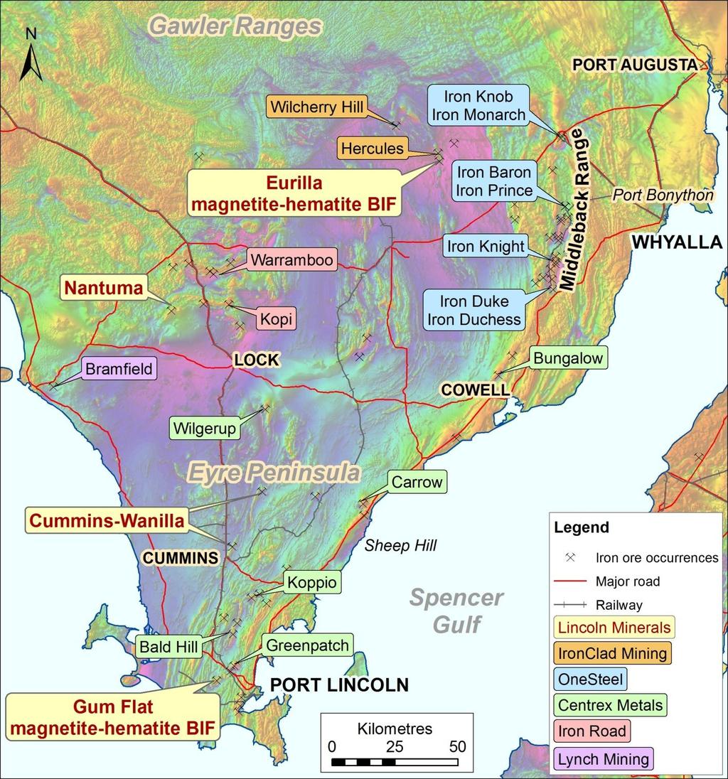 Gawler Craton Iron Ore Potential Eastern Eyre Peninsula Historically one of world s major iron ore provinces Middleback Ranges over 240 Mt of high-grade lump hematite mined over past 100 years (BHP &