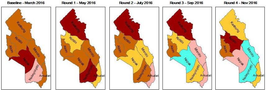 As shown on figure below, a considerable percentage of food insecure households was observed in nearly all districts, with the highest proportion in Kotido (90%), Nakapiripirit (83%), and
