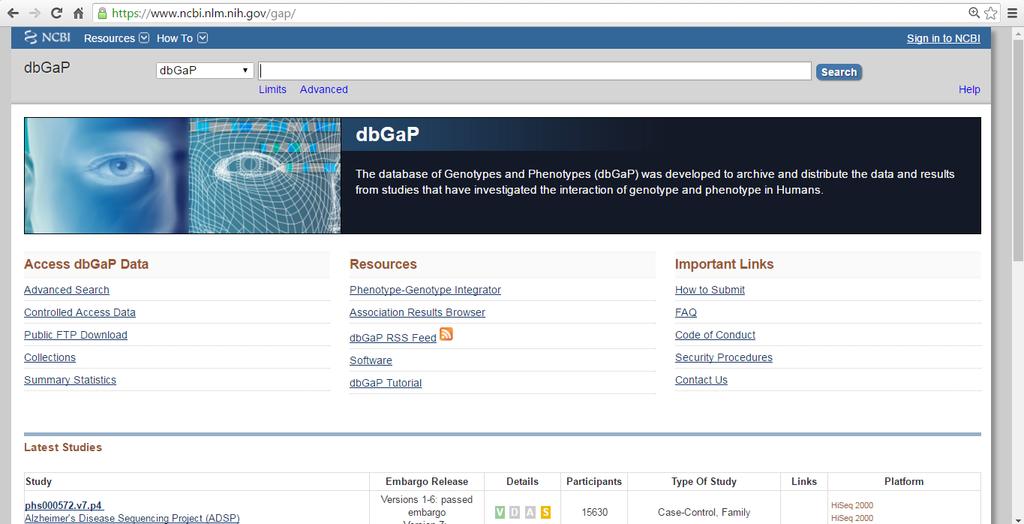dbgap: The database of Genotypes and Phenotypes (dbgap) was developed to archive and distribute the
