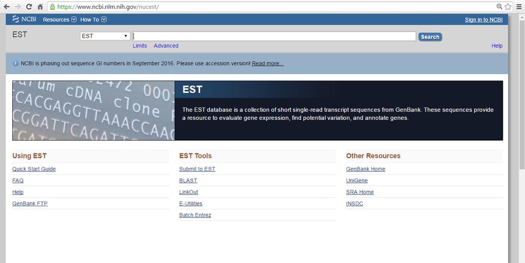 EST: The EST database is a collection of short single-read transcript sequences from GenBank.