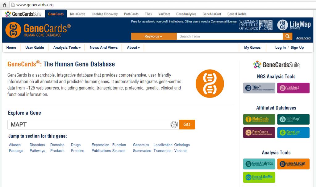 GeneCards: is a searchable, integrative database that provides comprehensive, user-friendly information on all annotated and predicted human genes.