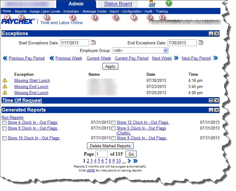 ADMIN TAB HOME: Selecting this menu item returns you to the main ADMIN TAB screen. This screen is where the Payroll work is done.