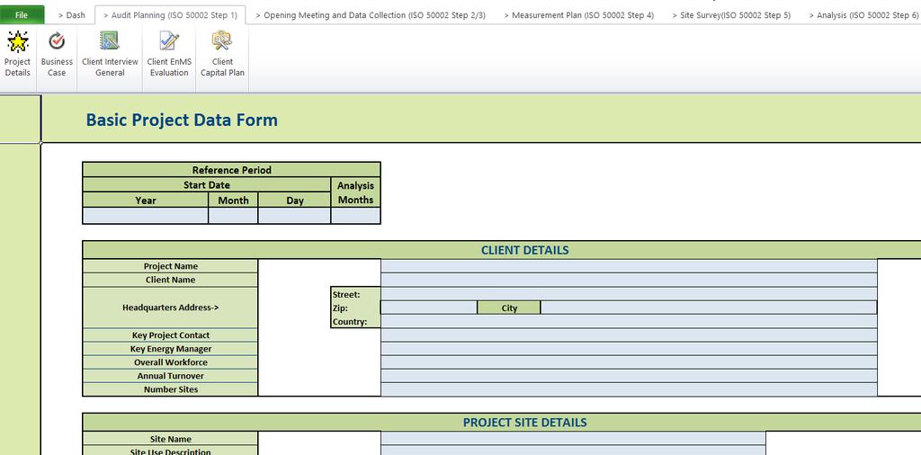 AUDIT PLANNING-PROJECT DETAILS SCREEN These are the basic project details for the audit, including client and site descriptions. The analyses in the tool does not depend on this data.