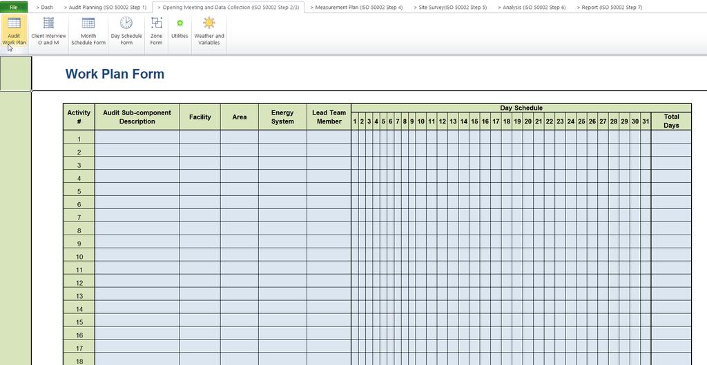 OPENING MEETING / DATA COLLECTION WORK PLAN SCREEN (OM-1) The purpose of screen OM-1is to provide a form to guide the auditor in developing the scope and work plan for the energy audit.