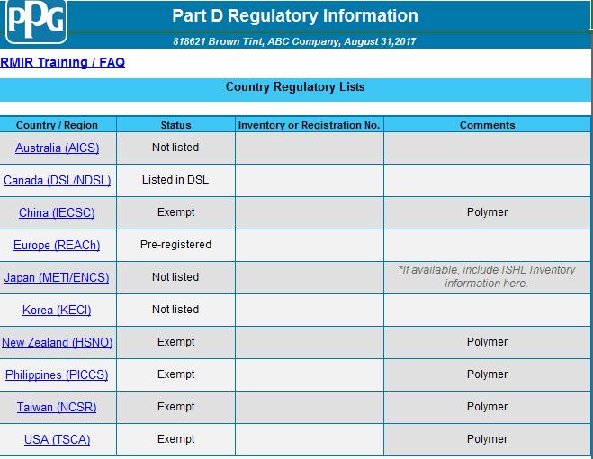 Part D: Regulatory Information Use the drop down selections Listed Not Listed Exempt Not Determined Registered (Europe) Pre-registered (Europe) Listed in DSL (Canada) Listed in NDSL (Canada)