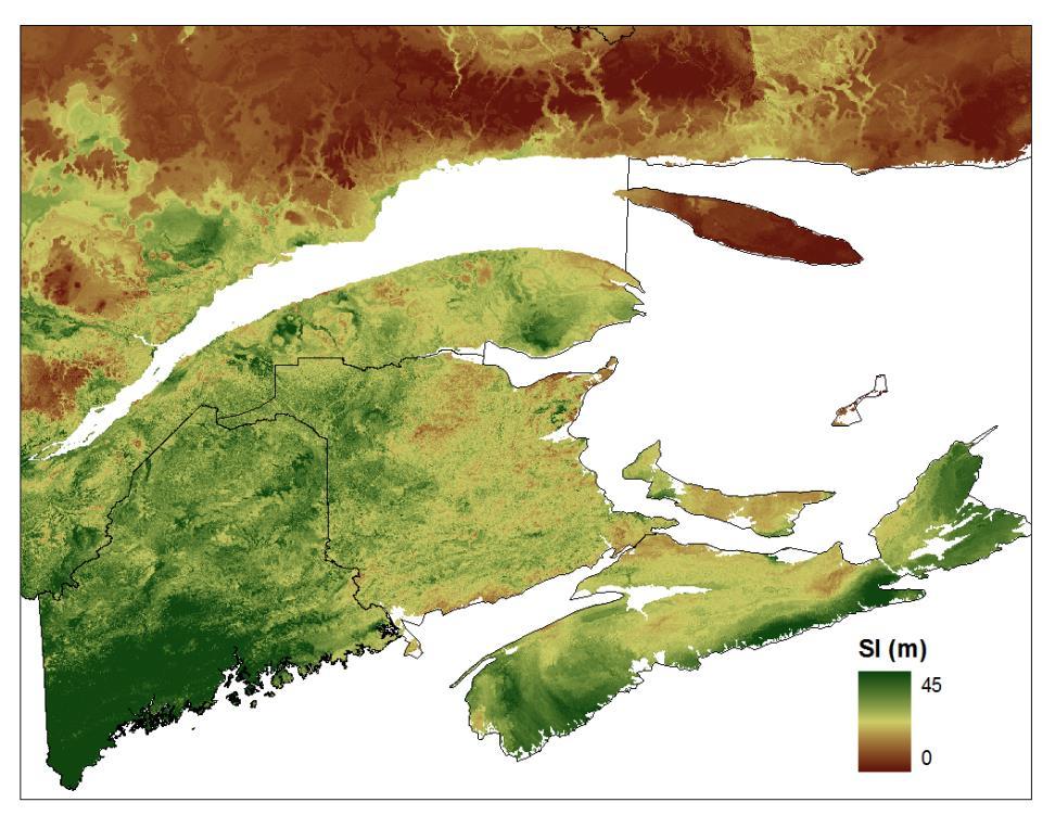 Results Developed a nonparametric regression model that relates climate to observed site index Explained ~65% of variation using 5 variables Model used to map site index at a 1 km 2 (Figure 3) Can be
