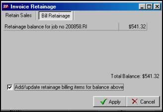 6. Check mark the ADD/UPDATE RETAINAGE BILLING ITEMS FOR BALANCE ABOVE option. 7.