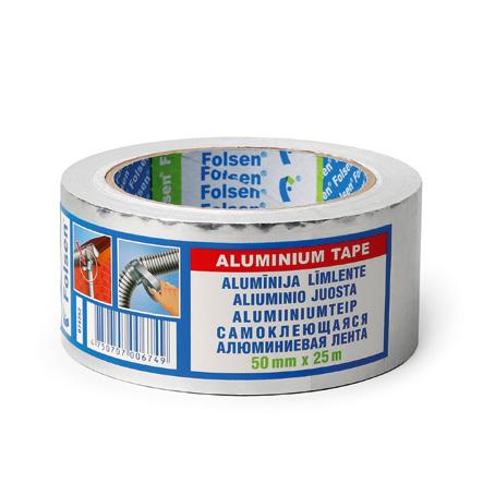 Reinforced aluminium tape 074505, 074506 Durable fiberglass reinforced aluminium tape with solvent adhesive.