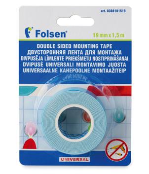 Double-sided mounting tape 03081, 03082 Folsen 03081 consists of black and white PE foam 1.1 mm thick, coated with modified acrylic adhesive on both sides, with blue protective liner.