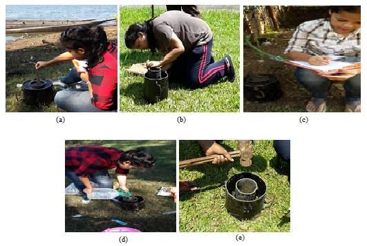 Fig 2: Some photographs while carrying out the experiment on sites (a) Measuring the drop in water level (b) Measuring whether the infiltrometer is levelled (c) Noting down the readings (d) Filling