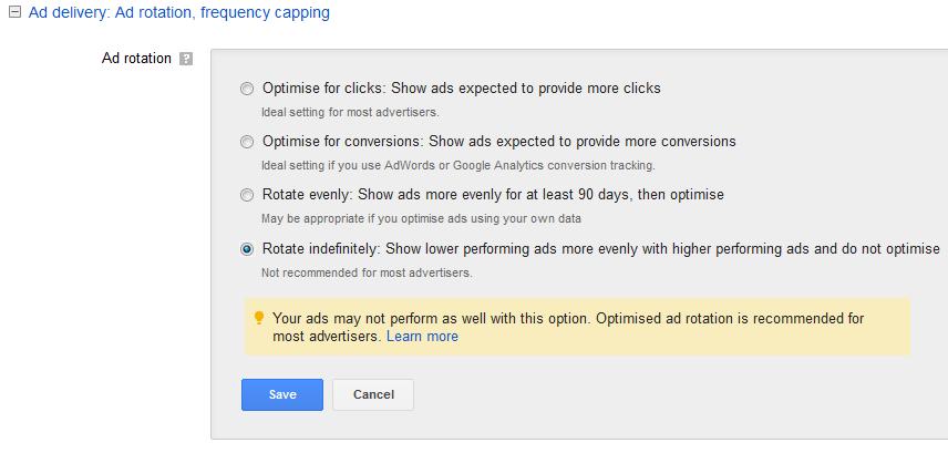The Google default is to optimise for clicks. This interferes with your testing. Select Rotate Indefinitely for the best testing options.