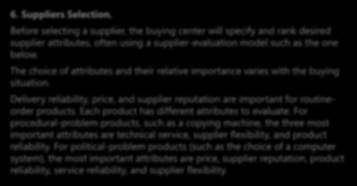 6. Suppliers Selection. Before selecting a supplier, the buying center will specify and rank desired supplier attributes, often using a supplier-evaluation model such as the one below.