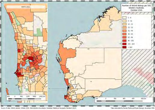 THE IMPACT OF AIRBNB on WA's Tourism Industry 23 Spatial distribution of Airbnb listings Two principal hot spots of WA Airbnb listings can be identified (Figure 11).