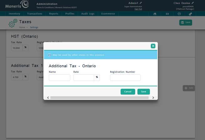Configuring taxes The Taxes screen stores your business tax registration numbers for the federal and provincial taxes to which you are subject. Follow the instructions below to configure taxes. 1.