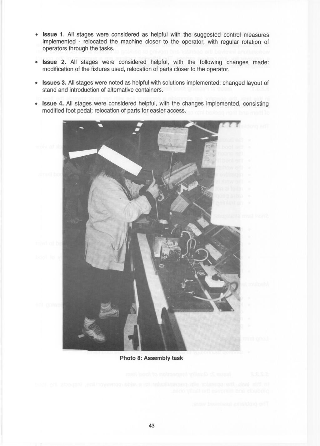 Issue 1. All stages were considered as helpful with the suggested control measures implemented - relocated the machine closer to the operator, with regular rotation of operators through the tasks.