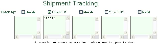 Tracking by the Numbers (Exhibit 3-2) Shipment Tracking screen has five fields (HAWB, HAWB ID, MAWB, MAWB ID, and Ref #) that can be tracked