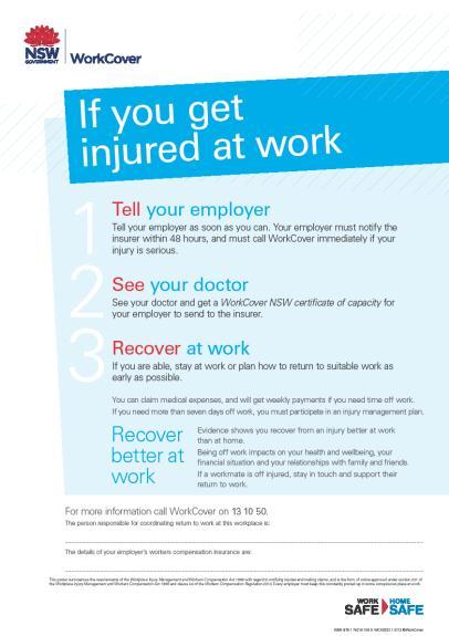 Display RTW Program and WorkCover If you are injured at Work poster A RTW Program has been developed for all Congregations in