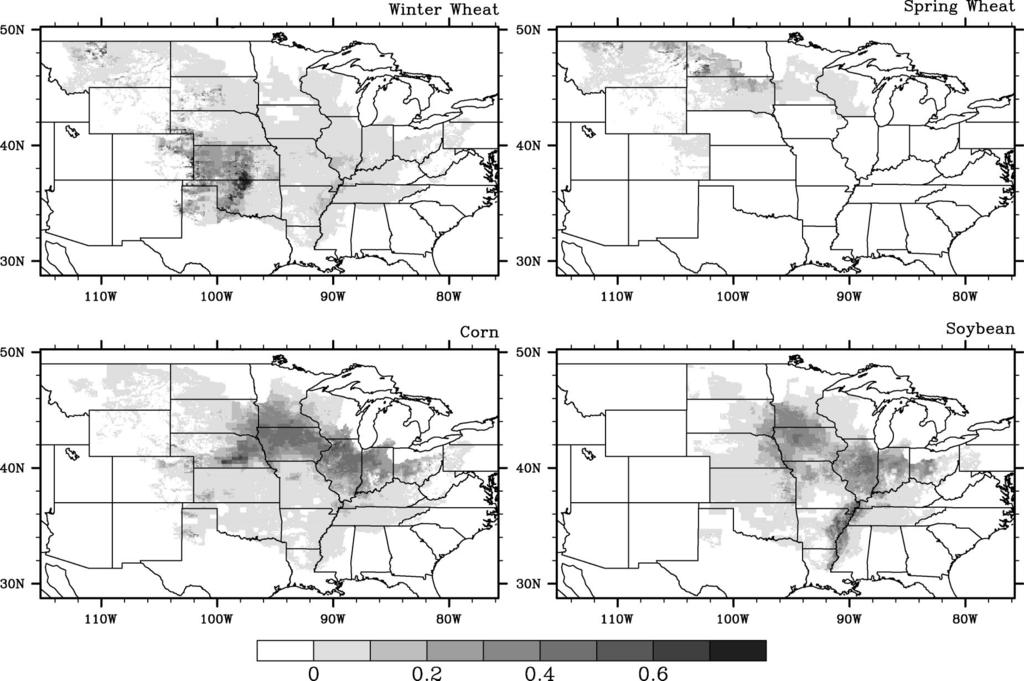 AUGUST 2004 TWINE ET AL. 649 FIG. 6. Fraction cover of winter wheat, spring wheat, corn, and soybean as compiled by Donner (2003) from 1992 county-level census data and satellite information of crop cover.