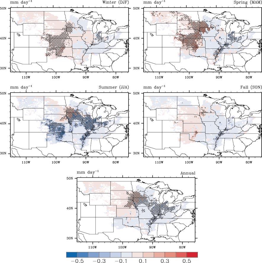 AUGUST 2004 TWINE ET AL. 651 FIG. 8. Changes in seasonal and annual ET (mm day 1 ) between simulations (current cover potential vegetation cover) for 1958 95.