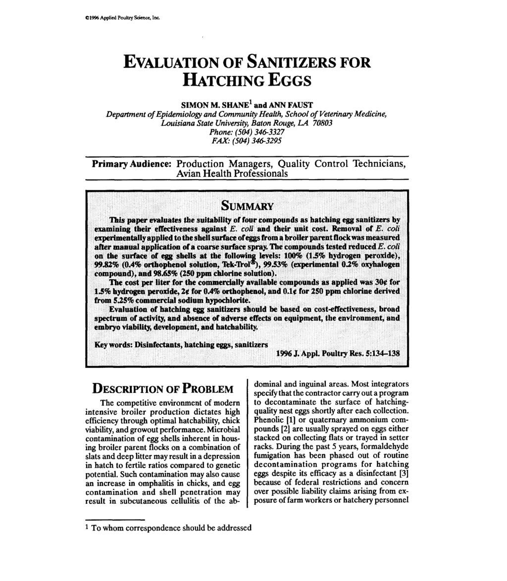 01996Applied Poultry sfienc+ Inr EVALUATION HATCHING EGGS OF SANITIZERS FOR SIMON M.