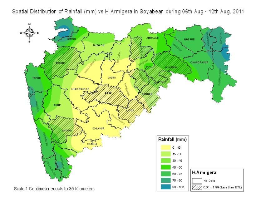 help in developing pest forecasting models of major crop pests in Maharashtra. CORRELATING WEATHER PARAMETERS WITH PEST DYNAMICS Mapping of H. Armigera infestation with Rainfall.