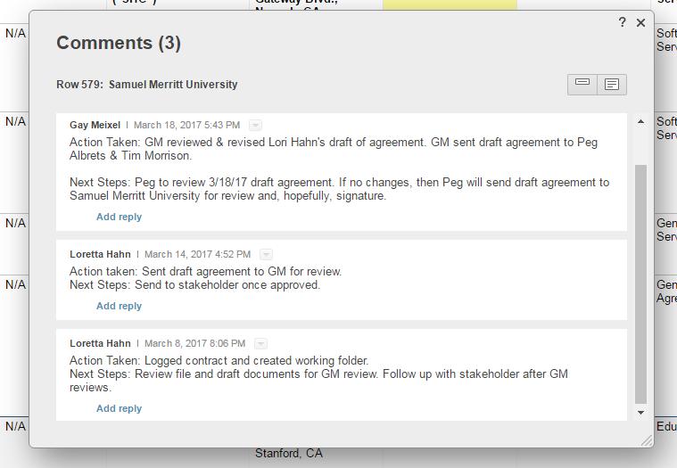 comments on the Smartsheet log to see any activity taken on a requested contract.