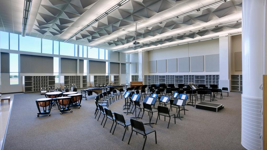 Overview DVBC & DVRI displacement diffusers installed in the band room of Cedar Ridge High School in Round Rock, Texas.