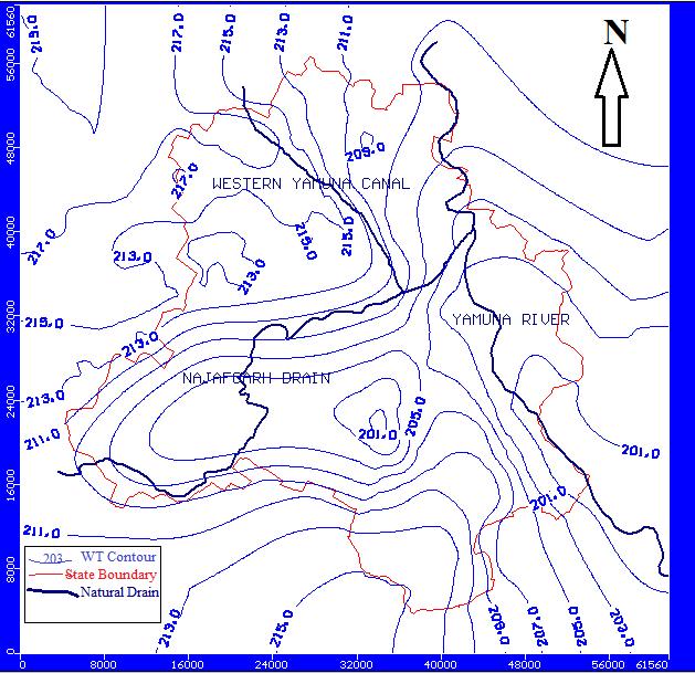 Fig. 4: Water Table Contour map (January, 2009) (2011) which indicated the northward, westerly and southwesterly inflow of groundwater terminating in the Najafgarh depression zone.