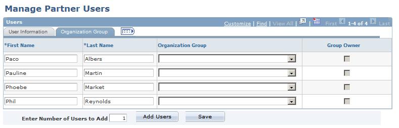 Setting Up Distributed Security for Partner Users Chapter 8 Maintaining Partner Organization Groups Access the Manage Partner Users page (Register Users, Register Users, Organization Group).